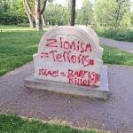 Anti-Israel texts spray-painted on a statue in Amsterdam's Oosterpark, 14 May 2025