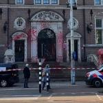 Red paint smeared all over the main entrance for events organized at KIT in Amsterdam ahead of CIDI's 50th anniversary bash. 18 May 2025
