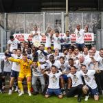 Telstar celebrates promotion with the Keuken Kampioen Shield during the Dutch final of the promotion and relegation play-offs between Willem II and Telstar at the Koning Willem II Stadium on June 1, 2025 in Tilburg, Netherlands.