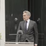 Prime Minister Dick Schoof approaches the microphone to speak to journalists after his coalition fell apart. 3 June 2025