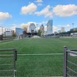 Artificial football pitch belonging to amateur club AFC with the Amsterdam Zuidas in the background.