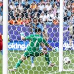 Ella Powell (Wales), Esmee Brugts (Netherlands) scores to make it 0–3, and Wales goalkeeper Olivia Clark during the Euro Group D match between Wales and the Netherlands at the Allmend Stadium in Switzerland.