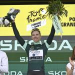 Protime’s Dutch rider Lorena Wiebes celebrates her green jersey of best sprinter on the podium the 4th stage (out of 9) of the fourth edition of the Women's Tour de France cycling race, 130.7 km from Saumur to Poitiers, in Poitiers, western France on July 29, 2025.