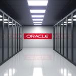 Oracle Corporation logo on the wall of a server room