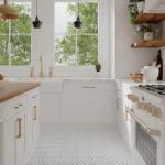 A white kitchen interior with, marble, brass, and wood countertops and features. 27 Dec. 2024