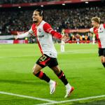 Anis Hadj Moussa of Feyenoord celebrates after scoring the 2-1 during the Champions League third qualifying round match between Feyenoord and Fenerbahçe at Feyenoord Stadium De Kuip on August 6, 2025, in Rotterdam, the Netherlands.