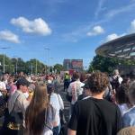 Passengers queue to get on the metro at Noorderpark station during Sail, August 20, 2025.