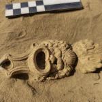 Decorated Roman oil lamp discovered by archeologists in Cuijk, Noord-Brabant. 
