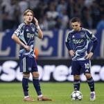 Kenneth Taylor and Oscar Gloukh of Ajax after Olympique Marseille make it 4-0 in the UEFA Champions League game against Ajax, September 30, 2025.