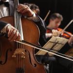 A cellist performs in the foreground, with two violinists partially visible behind