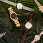 Swiss wristwatches lying on green leaves