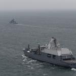 The Zr.Ms. Den Helder escorts the Russian frigate Neustrashimy out of Dutch waters in the North Sea, 20 September 2025