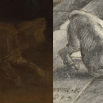 Comparison between the barking dog in Rembrandt’s The Night Watch and Adriaen van de Venne’s 1619 drawing, highlighting the visual similarities that inspired the painting.
