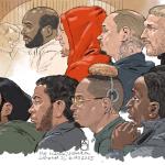 Court sketch of Christopher W., Delano G., Erickson O., Krystian M., Gerower M., Kamil E., Ludgardo S., Konrad W. on the first day of the appeal in the Peter R. de Vries murder case.