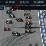 Red Bull Racing's Dutch driver Max Verstappen, winner of the pole position, leads the pack of drivers as the race begins during the United States Formula One Grand Prix at the Circuit of the Americas in Austin, Texas, on October 19, 2025.