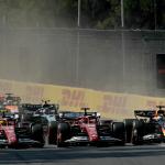 Ferrari's British driver Lewis Hamilton, Ferrari's Monegasque driver Charles Leclerc, and Red Bull Racing's Dutch driver Max Verstappen race during the Mexico City Formula One Grand Prix at the Hermanos Rodriguez racetrack in Mexico City on October 26, 2025.