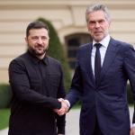 Ukrainian President Volodymyr Zelensky and Dutch Prime Minister Dick Schoof during their meeting in Kyiv, Ukraine, on October 6, 2025.