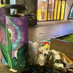 Several nicely painted rubbish bins on Eerste van Swindenstraat in Amsterdam-Oost were ripped open in the search for cans and bottles that can be turned in for deposits. 27 October 2025