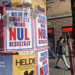 “Wilders: Biggest mouth, Zero results,” states an election campaign protest poster seen in Amsterdam from citizen action group Kom in Plaksie. 28 October 2025