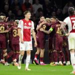 Galatasaray players celebrate the opening goal during the UEFA Champions League match between AFC Ajax and Galatasaray SK at the Johan Cruijff ArenA in Amsterdam, the Netherlands, on November 5, 2025.