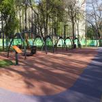 Inclusive playground with broad, textured pathways for visually impaired and swings that can be used by wheelchair users