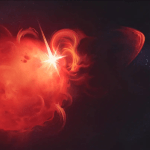 An artist’s impression of a coronal mass ejection, or CME, around a nearby Red Dwarf star, observed by researchers from ASTRON and Observatoire de Paris-PSL.
