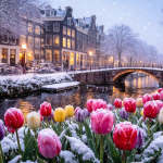 AI-generated image of a snowy canal in central Amsterdam with blooming tulips.