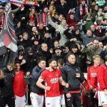 Players of AZ Alkmaar celebrate with supporters after winning the UEFA Conference League match between KF Drita Gjlan and AZ Alkmaar, in Pristina, Kosovo, 11 December 2025.