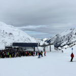 File photo of winter sport enthusiasts gathered at the Arlenmähderbahn chair-lift station in St. Anton am Arlberg, Tyrol, Austria. March 2023