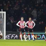 Ismael Saibari, Jerdy Schouten, and Armando Obispo of PSV Eindhoven, along with goalkeeper Matej Kovar, show their disappointment after the UEFA Champions League match between PSV Eindhoven and FC Bayern Munich at the Philips Stadium on January 28, 2026, in Eindhoven, Netherlands.