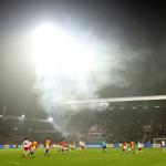 Smoke from fireworks during the match Go Ahead Eagles vs Braga at the De Adelaarshorst for the UEFA Europa League season 2025-2026 in DEVENTER, Netherlands on 29 january 2026 