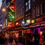 Colorful lights on cafés along Korte Leidsedwarsstraat in Amsterdam