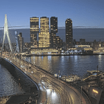 Traffic crosses the Erasmus Bridge just before dawn on a chilly morning in Rotterdam. 14 Jan. 2026