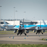 F-16 fighter jets at Schiphol Airport with KLM planes in the background during a previous military exercise