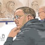 Court sketch of 32-year-old Mark S. from Borculo, accused of sexually exploiting and extorting dozens of children between 2013 and 2024.