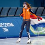 Antoinette Rijpma-de Jong after winning the 1500 meters in long-track speed skating at the Milano Speed Skating Stadium at the Milan Winter Olympics.