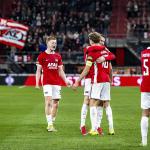 AZ Alkmaar players Peer Koopmeiners and Sven Mijnans during the Conference League match between AZ and FC Noah at the AFAS Stadium on February 26, 2026 in Alkmaar, Netherlands.