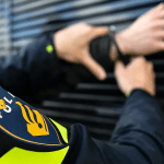 Police officer arrests a suspect.