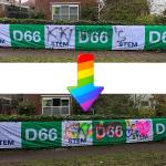 D66 in Baarn covers anti-LGTBQIA+ texts spray painted on an election sign with hearts in rainbow colors, 15 March 2026