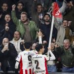 Ricardo Pepi and Anass Salah-Eddine of PSV Eindhoven celebrate the 2–1 during the Eredivisie match between PSV Eindhoven and AZ Alkmaar at the Philips Stadion on March 7, 2026, in Eindhoven, Netherlands.