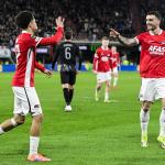 Ro-Zangelo Daal and Troy Parrott of AZ Alkmaar celebrate the 1-0 during the UEFA Conference League match between AZ Alkmaar and Sparta Prague at the AFAS Stadium on March 12, 2026, in Alkmaar, Netherlands.