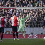 AFC Ajax goalkeeper Maarten Paes prepares for a penalty taken by Feyenoord’s Jakub Moder during the Dutch Eredivisie match between Feyenoord and AFC Ajax at De Kuip stadium on March 22, 2026, in Rotterdam, Netherlands.