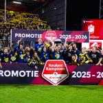 SC Cambuur players and supporters celebrate promotion to the Eredivisie during the Dutch Eerste Divisie match between FC Emmen and SC Cambuur at De Oude Meerdijk on March 24, 2026, in Emmen, Netherlands.