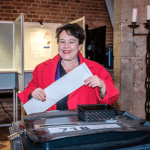 Utrecht mayor Sharon Dijksma casts her vote in the munipal election in the Dom Tower, 18 March 2026
