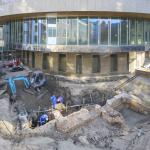 Archaeologists uncover the medieval foundations of the Spuipoort at the Binnenhof in The Hague on February 12, 2024.
