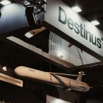 A Destinus drone suspended above the Dutch company's stand at the 2026 edition of the Brussels European Defence Exhibition & Conference. 23 Mar. 2026