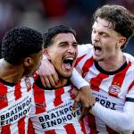 PSV Eindhoven player Couhaib Driouech scores to make it 4–3 and celebrates his goal during the Dutch VriendenLoterij Eredivisie match between PSV and FC Utrecht at the Philips Stadion on April 4, 2026, in Eindhoven, Netherlands.