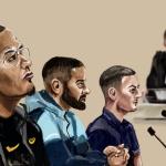 Court sketch of (L–R) suspect Douglas W., suspect Bernard Z., and suspect Jan B. during the substantive hearing in the Drenthe art theft case. The investigation concerns three suspects accused of stealing four highly valuable Romanian artworks.