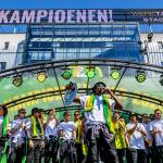 ADO Den Haag players celebrate during the championship ceremony at the WerkTalent Stadium, April 29, 2026. Following their Eerste Divisie title win, the club secures promotion back to the Eredivisie.