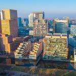 An aerial view looking north from De Boelelaan towards the Amsterdam Zuidas business district